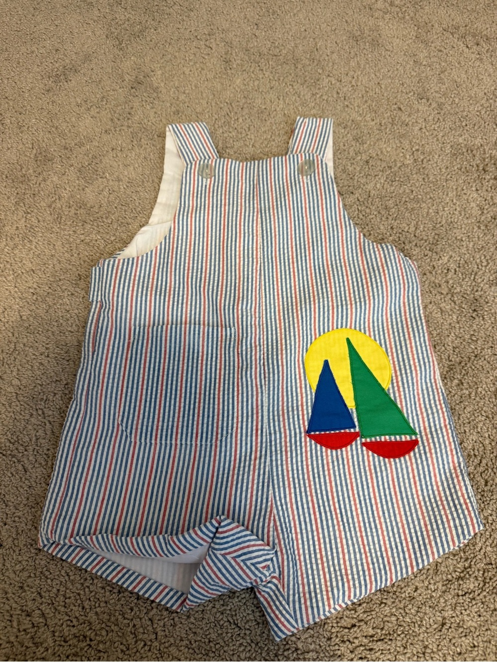 Samara Striped Seersucker Baby Romper with Sailboat Applique - Red, Blue, Green